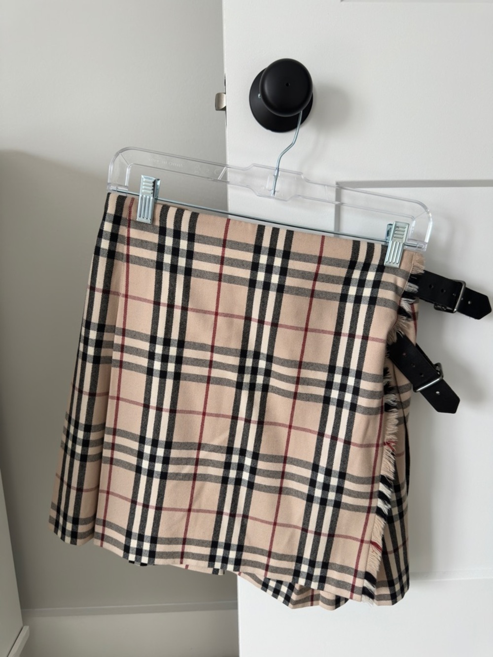 Burberry Beige Plaid Wrap Mini Skirt with Buckle Straps